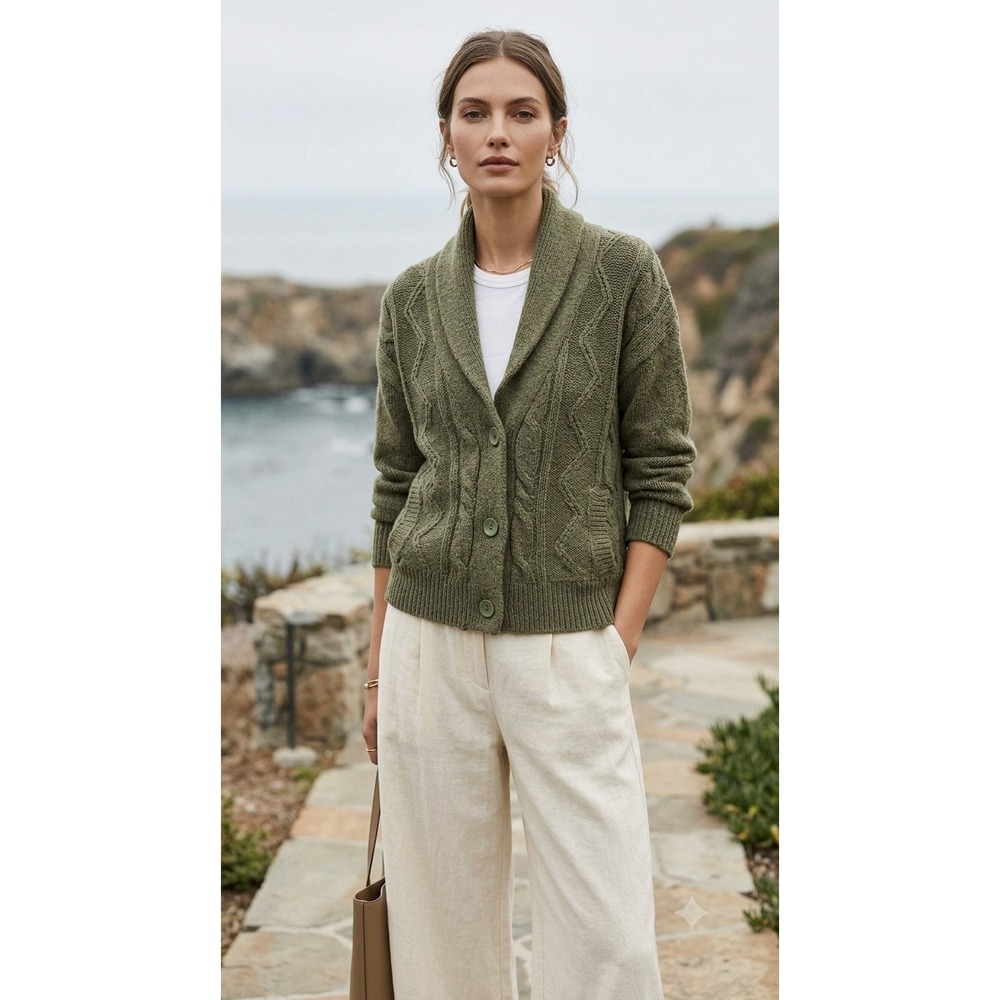 Pilcro Anthropologie Cable-Knit Cardigan Sweater Shawl Collar Small Moss Green